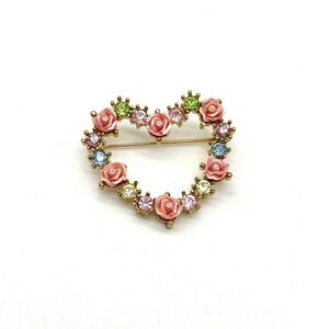 Vintage Avon Heart Brooch Pink Rose Rhinestone Gold Tone Floral Jewelry